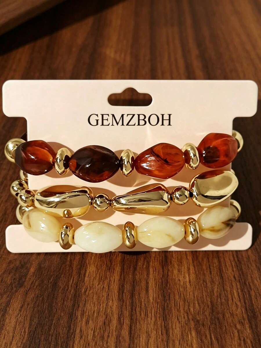 3pcs/Set Fashionable Retro Bohemian Thick Multi-Layer Acrylic Beaded Bracelet For Women