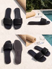 Women's Wavy Pattern Open Toe Slip-On Sandals Anti-Slip Flat Casual Slides - Black - View 8