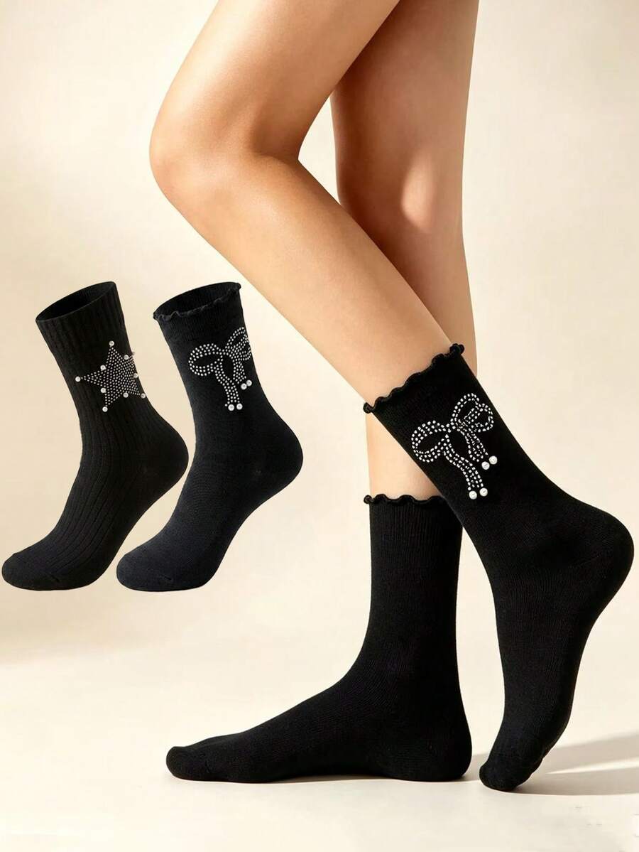 2 Pairs Black Mid-Calf Women Socks, Sweet & Cool Style With Rhinestone Bows And Five-Pointed Star Pearl Embellishments, Fashionable Personalized Slouch Socks, Suitable For Daily Wear, Dating Outfits, Exquisite Gift Item. Autumn Socks - Multicolor - View 1
