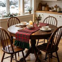 1pc Vintage Christmas Red & Green Plaid Table Runner With Pleated Ruffle Edge, Long Decorative Table Runner For Home Dining Table, Holiday Photography - Multicolor - View 6
