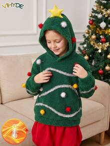 Vihyde Tween Girls Christmas New Arrival Costume, Christmas Tree Shape Hooded Fleece Sweatshirt With 3D Star & Pom Pom & Silver Tinsel Decorations - Green - View 1
