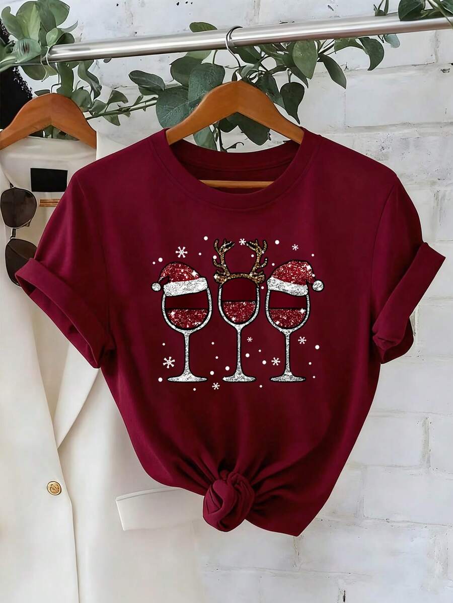 Plus Size Women's Cup Graphic Casual Everyday Short Sleeve T-Shirt - Burgundy - View 1