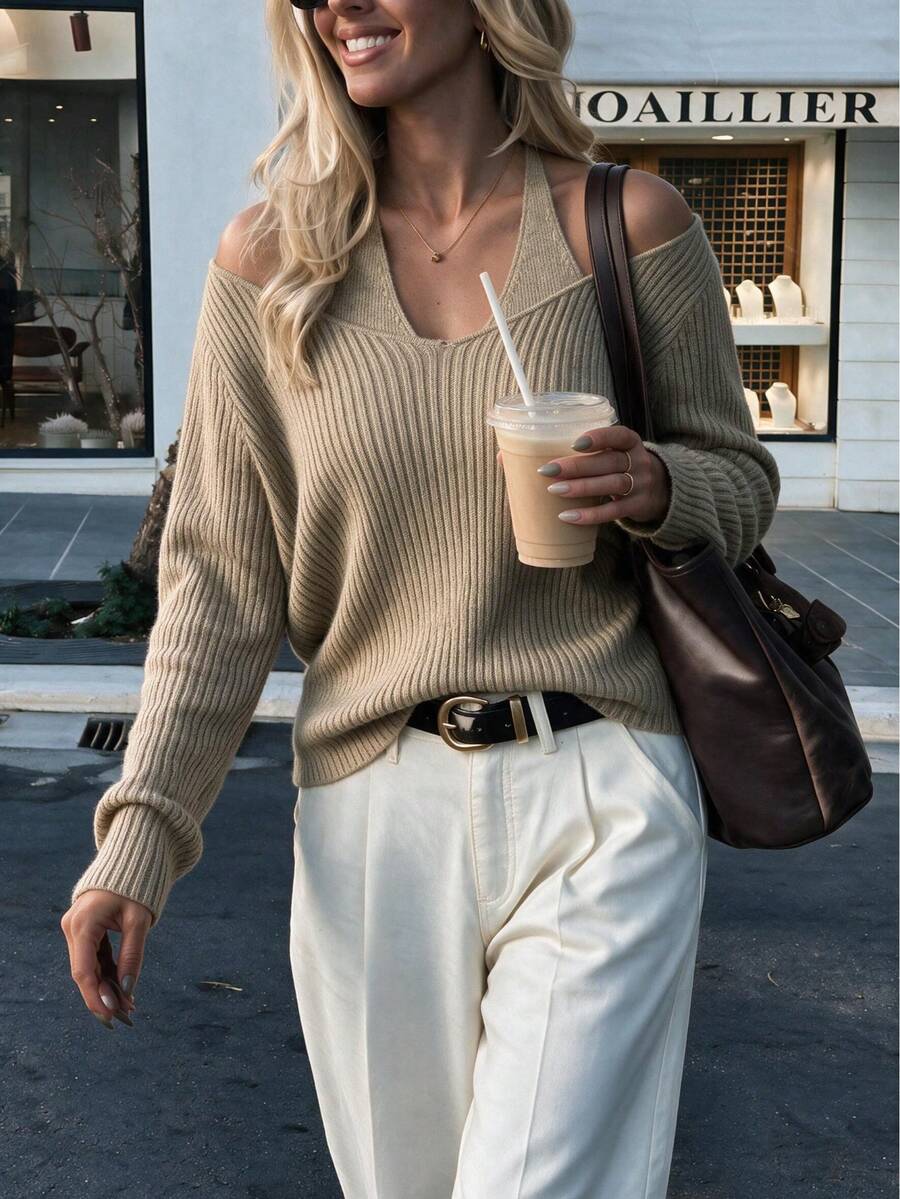 Höst/vinter ny 2 i 1 tröja med V-ringning, off-shoulder och halterneck - Kaki - Visa 1