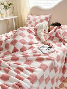 1pc Pink Plaid Pattern Soft & Warm Blanket, Suitable For Home Decoration, Bed, Sofa, Office, Room, Dorm, Machine Washable - Pink - View 8