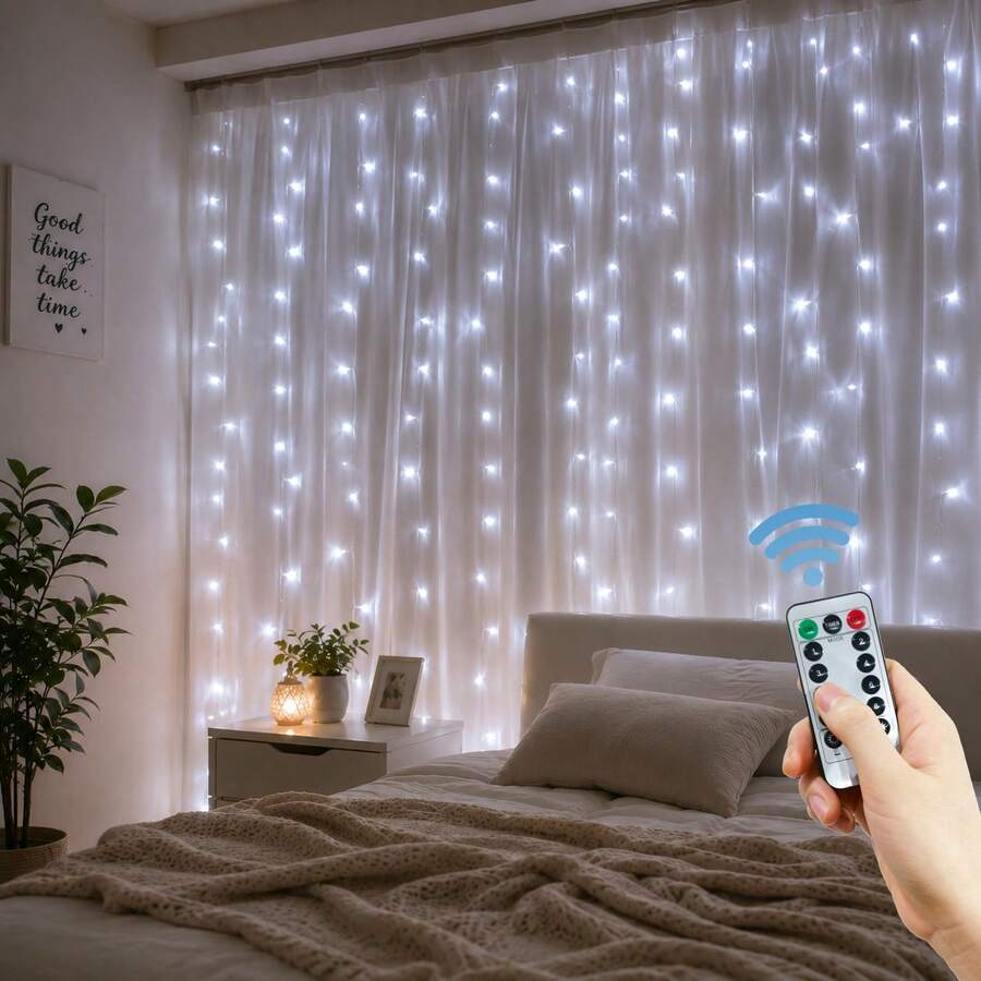 أضواء ستارة LED خارجية/داخلية للنوافذ والجدران، تعمل بالطاقة عبر USB مع جهاز تحكم عن بعد، مثالية لغرف النوم والأعراس والحفلات والحدائق والشرفات والممرات وعيد الميلاد والهالوين وعيد الشكر وديكور العطلات