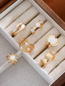 6pcs Fashion Ins Style Vintage Sunflower Moon Star Wave Geometric Oil Drop Rings Set, Stackable, Suitable For Women's Daily Commute, Party And Vacation Wear - White - View 3