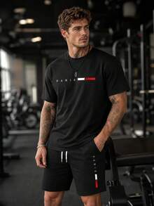 Men's 2 Pieces Sports Set Gradient Print Short Sleeve T-Shirt And Drawstring Shorts, Fitness Running Casual Sportswear - Multicolor - View 1
