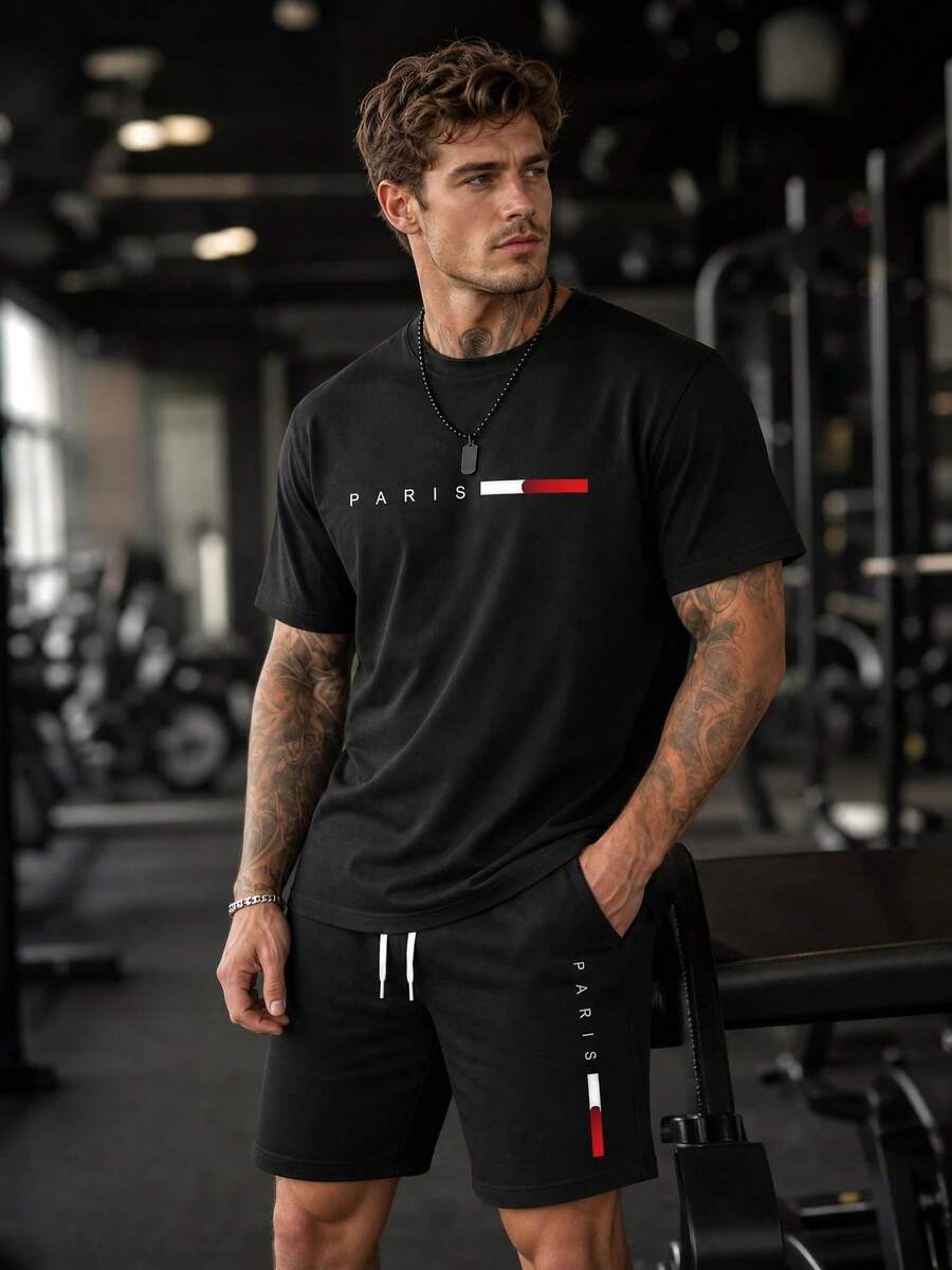 Men's 2 Pieces Sports Set Gradient Print Short Sleeve T-Shirt And Drawstring Shorts, Fitness Running Casual Sportswear - Multicolor - View 1