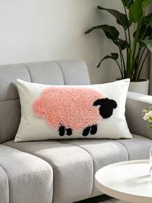1pc Cute Sheep Flocked Rectangular Throw Pillow Cover, Cartoon Animal Fabric Cushion Case, Living Room Bedroom Sofa Decorative Pillowcase Without Pillow Insert - Pink - View 6