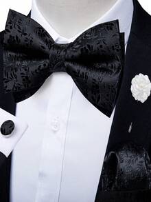 4Pcs Men Black Floral Jacquard Bow Tie Pocket Square Cufflinks Boutonniere Set For Wedding Business Party - Black - View 1