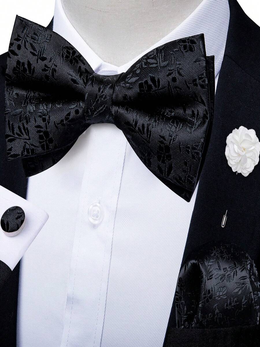 4Pcs Men Black Floral Jacquard Bow Tie Pocket Square Cufflinks Boutonniere Set For Wedding Business Party - Black - View 1