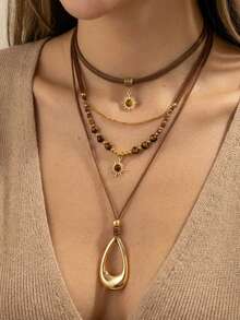 3pcs Fashion Vintage Autumn/Winter Tiger Eye Beaded Sun Water Drop Pendant Leather Rope Chain Layered Necklace Set, Suitable For Daily Wear And Gatherings, Gift For Friends - Multicolor - View 3