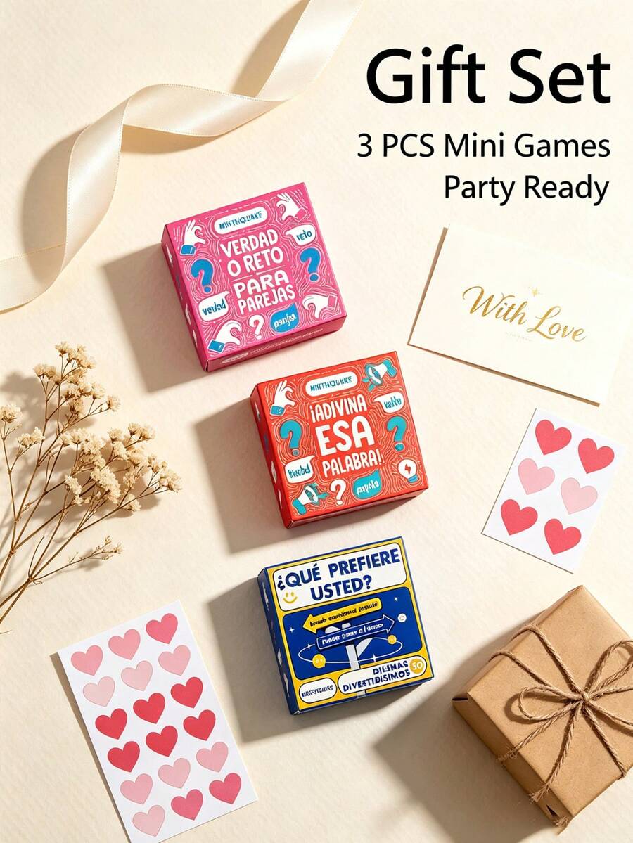 3Pcs/Set Mini Spanish Party Card Game Set, Fun Truth Or Dare & Word Guessing Dilemma Game Cards, Great Gift For Christmas, Game Party, Campus Gathering, Social Interactive Game For Friends & Group Nights - Multicolor - View 1
