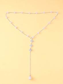 1pc Exquisite Beaded Faux Pearl Y-Shaped Back Necklace, Vertical Leaf Rhinestone Pendant Body Jewelry, Evening Party Dress Accessory - Rhinestone - View 7
