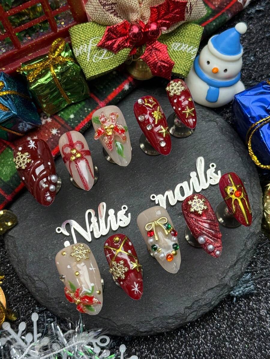10pcs Handmade Fully Covered Almond Nails Press On Nails,Red,3D Snowflake Bow Poinsettia Flower Pearl Rhinestone Star Xmas Theme Fall&Winter Fake Nails,Reusable,Suitable For Holiday Party,Daily,With Jelly Glue And Nail File,Festive Elegant Y2K Style