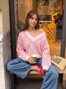 Pink‑White Color Block Striped Ribbed V‑Neck SweaterAsymmetrical Loose Drop‑Shoulder Long‑Sleeve Knit Top For Early‑Autumn Back‑To‑School Daily Wear - Pink - View 2
