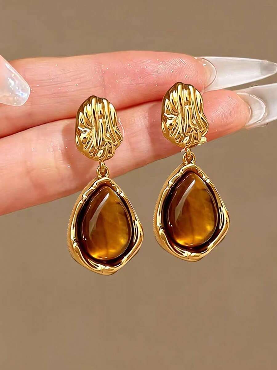 1 Pair Vintage Textured Gold Teardrop Drop Earrings For Women, Autumn‑Winter Accessory For Banquet, Travel, Daily Outfits, Jewelry Gift - Gold - View 1