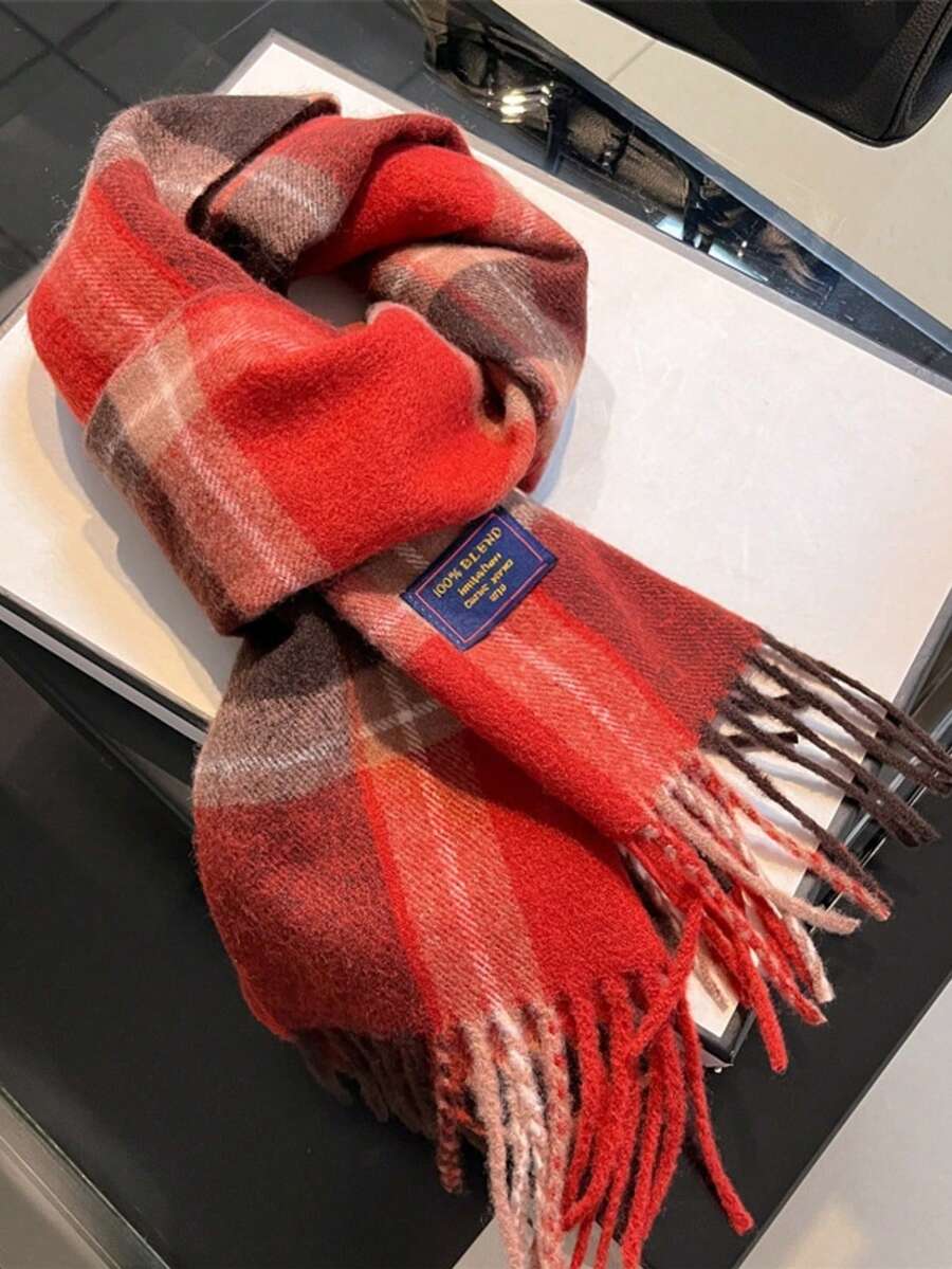 1pc Red Plaid Scarf For Women, 2026 New Autumn/Winter High-End Faux Cashmere Neck Warmer, Atmospheric Shawl, Dual-Use Gift - Red - View 1