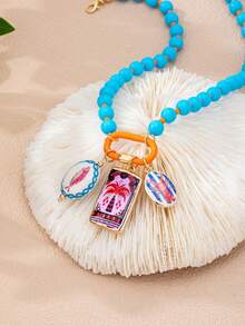 1 /3pcs Summer Ocean Layered Beaded Charm Necklace For Women, Multi‑Strand Colorful Bead Choker Seahorse Shell Cherry Enamel Pendant Vacation Jewelry - Multicolor - View 21