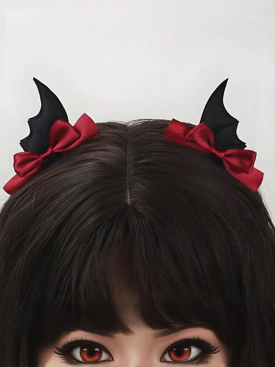 2pcs Women's Decorative Hair Accessories With Wings And Bows, Hair Clips, Halloween Back To School Season Set - Multicolor - View 1