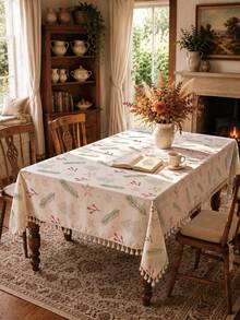 MEMNUN 1PC Christmas Minimalist Branch Berry Christmas Tree Star Print Pattern Tablecloth, Tassel Edge Design, Minimalist Small Tree Dining Tablecloth, Square Round Tablecloth, 140*220cm/140*180cm/140*140cm/90*140cm, Made Of Printed Polyester Blend Material, Christmas Decor Table Decor, Home Decor, Kitchen Decor, Table Cloth Rectangle, Table Cloth Square, Home Decor Suitable For Picnic, Camping, Party, Restaurant Buffet, Home Decoration, Dining Table Surface Decoration, Home DIY, Etc., Christmas Gift - Multicolor - View 1