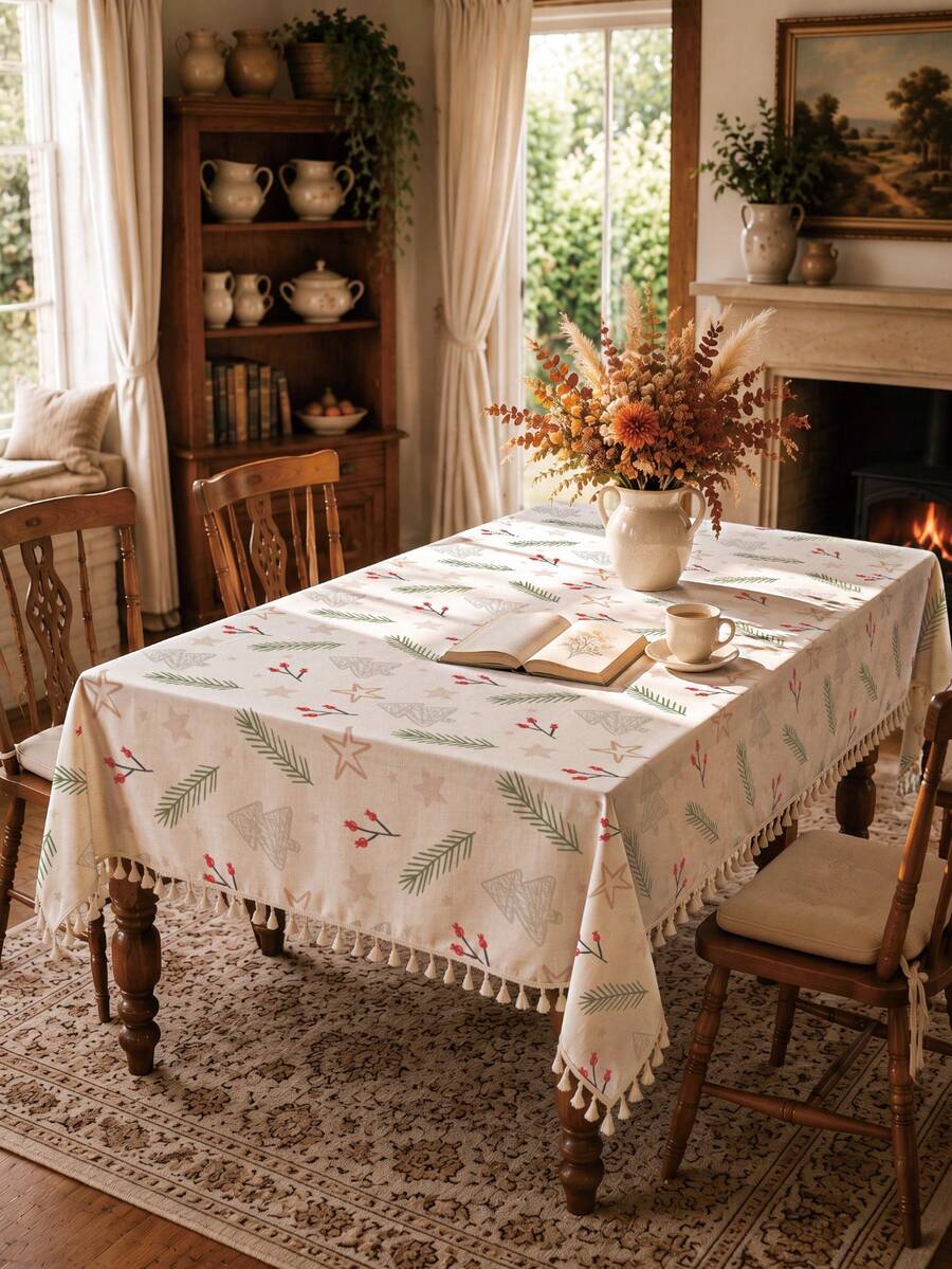 MEMNUN 1PC Christmas Minimalist Branch Berry Christmas Tree Star Print Pattern Tablecloth, Tassel Edge Design, Minimalist Small Tree Dining Tablecloth, Square Round Tablecloth, 140*220cm/140*180cm/140*140cm/90*140cm, Made Of Printed Polyester Blend Material, Christmas Decor Table Decor, Home Decor, Kitchen Decor, Table Cloth Rectangle, Table Cloth Square, Home Decor Suitable For Picnic, Camping, Party, Restaurant Buffet, Home Decoration, Dining Table Surface Decoration, Home DIY, Etc., Christmas Gift - Multicolor - View 1