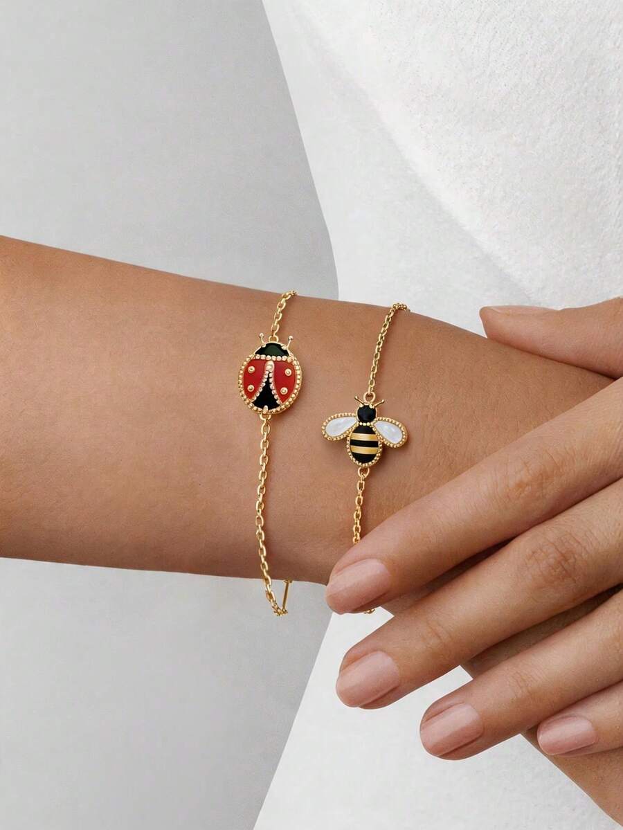 1pc 18K Gold Plated Enamel Ladybug & Bee Pendant Bracelet, Cute Insect Chain Bracelet, Daily Birthday Holiday Gift For Women And Girls - Multicolor - View 1