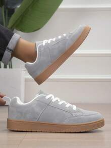 Men's Solid Color Lace-Up Low-Top Round Toe Minimalist Casual Sneakers For Daily Wear - Light Grey - View 1