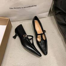 Giày cao gót Mary Jane quai chữ T phong cách vintage Pháp, da bóng, gót mảnh, kiểu ngách - màu đen - Xem 1