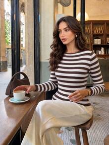 SUNSTORY Women's Autumn Brown & White Striped Round Neck Slim Fit Ribbed Long Sleeve Knit Top, Suitable For Commuting, Daily Outings, Christmas Outfit - Brown - View 6