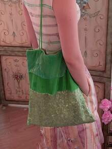 Niche Design Ins Sequin Patchwork Fabric Bag New Chinese Style Embroidery Artistic Fresh Fairy Fabric Bag Shoulder Handbag Commute Outing Daily Shopping Large Capacity Tote Bag - Green - View 7
