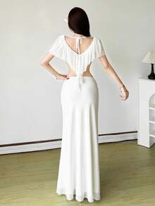 Top Dazzle Elegant White Crop Top For Women, Featuring A Deep V Neck, Ruffled Asymmetrical Details, And Semi-Sheer Knitted Fabric - White - View 4