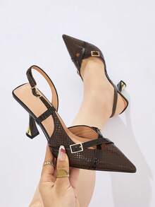 Women's Metal Buckle Cross Strap Slingback Pointed Toe Chunky Heel High Heel Pumps Elegant Dark Brown Mirror Patchwork Low Vamp Shoes Suitable For Party Daily Wear Spring Summer Autumn Winter - Coffee Brown - View 1