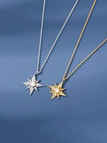 1 pieza Collar con colgante de estrella octagonal de aleación de cobre con strass, accesorio de cadena para la clavícula simple y elegante para uso diario y desplazamientos - Estrella de ocho puntas - Ver 4