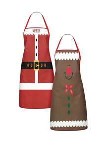 2Pcs Christmas Couple Apron Set, Santa Claus Suit & Cute Gingerbread Man Bow Printed Adjustable Bib Apron, Holiday Kitchen Cooking Baking Apron For Family Party Xmas Gift - Multicolor - View 9
