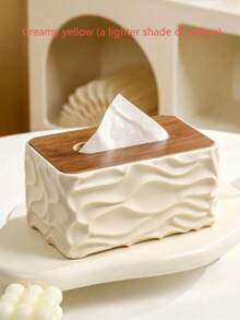 1Pc Rectangular Tissue Box Cover,Modern 3D Wavy Pattern Tissue Holder With Wooden Lid,Cream‑White Decorative Napkin Organizer For Living Room Office Bedroom Bathroom Vanity Dining Table Desktop Home Decor,Back-To-School And Christmas Gift Essentials - Multicolor - View 14
