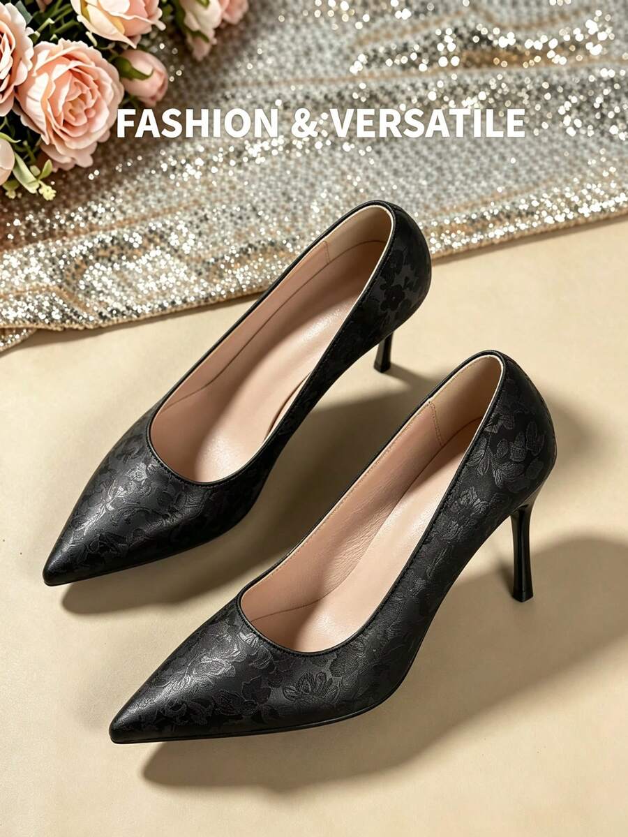 Women's Chinese Style Dark Pattern Jacquard Pointed Toe Stiletto Pumps, Elegant Vintage, Suitable For Dating, Evening Parties, Daily Commute, All Seasons - Black - View 1