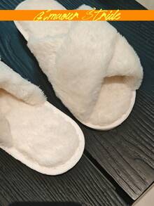 Women's Fuzzy Cross Strap Warm Lightweight Slippers For Home, Autumn/Winter - White - View 6