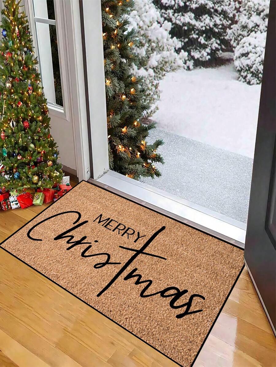 1pc, Winter Christmas Minimalist Black Text Blessing Pattern Door Mat, Holiday Style Machine Washable Polyester Fiber Mat, Suitable For Indoor, Party, Daily Decoration, All Seasons - Brown - View 1