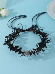 Dark Forest Witch Bird Skull Crown Headband, Black Leaves, Red Rhinestone Chain, Brown Vines, Gothic Style, Halloween Cosplay Wedding Party - Black - View 9