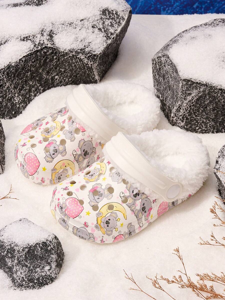Boys & Girls Casual Fashion Cute Print Thermal Lined Clogs, Suitable For Indoor & Outdoor Wear In Winter - White - View 1