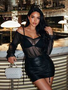 Vexica Women's Black Sheer Mesh Top, Sexy Off Shoulder Long Sleeve Drawstring Ruched Going Out Fall Party Night Out Daily - Black - View 1