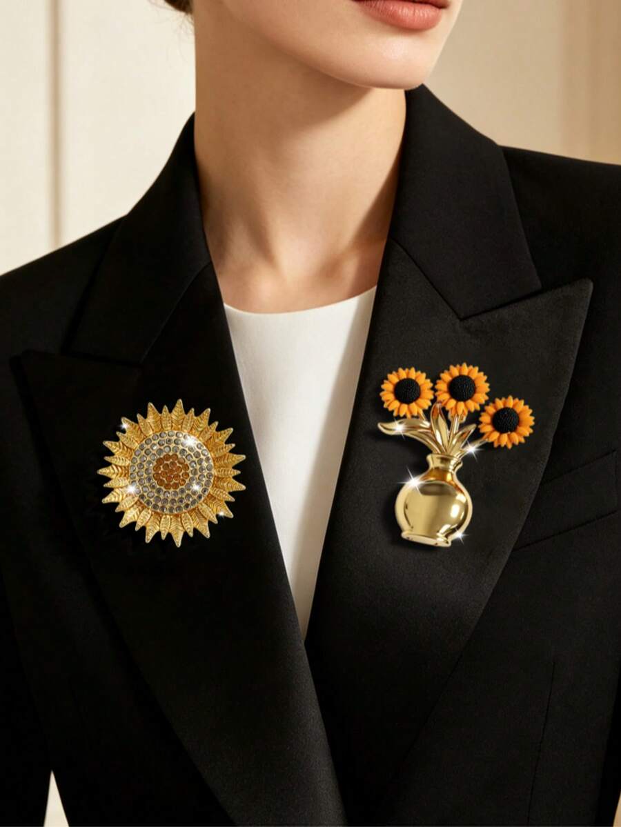Vintage Gold Metal Sunflower Brooch, Women's Multi-Functional Clothing Accessory, Daily Commute Party Supplies, Holiday Gift - Gold - View 1