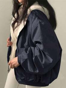 女款大尺寸修身保暖夾克，大毛領、連帽、雙側口袋、可正反穿設計，短版休閒街頭風，秋冬款 - 藏蓝色 - 查看 2
