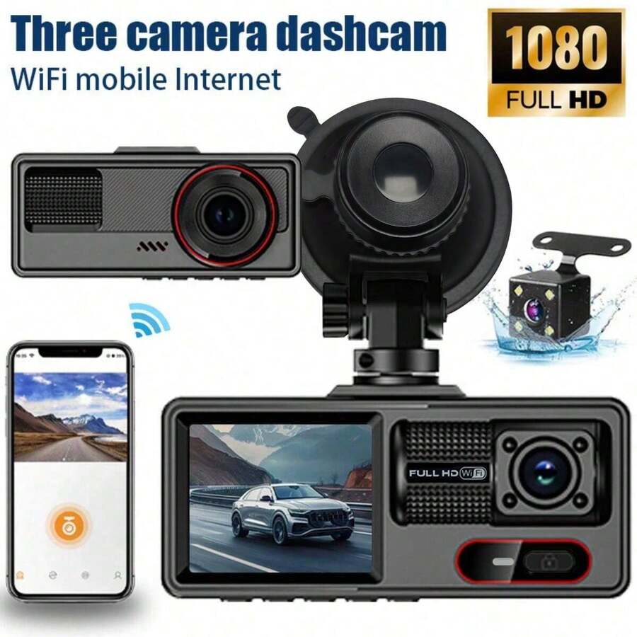 Dash Cam, Wireless WiFi Dashcam,With 64GB Capacity,1080P HD Car Three-Lens Dash Cam, Hidden Mini Dashboard Recorder, 24H Monitor, Small Dashboard Camera For Cars Battery Capacity 150mAh