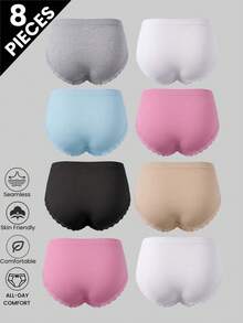 8pcs Girls Seamless Underwear Mid Waist Heart Lace Trim Briefs Soft Comfortable Tween Girl Panties For Back To School Daily Wear - Multicolor - View 2