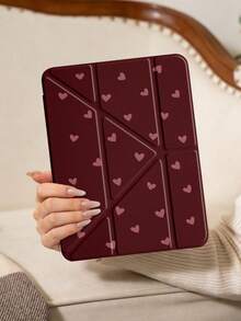 1件酒紅色小愛心平板保護殼，適用於 iPad Mini6/7/Air/Air2/9.7/10.2/10.5/10.9 (Air4-Air8)/Pro 11/10th Gen/A16/Pro 11 2024，彩繪圖案平板保護套，透明壓克力背殼，三折支架，自動休眠/喚醒，內置筆槽，不含筆，部分機型附相機框 - 彩色 - 查看 3