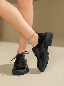 1 Pair Girls Black Glossy Lace-Up Thick Sole Loafers, Fashionable School Style Comfortable Versatile Shoes - Black - View 5