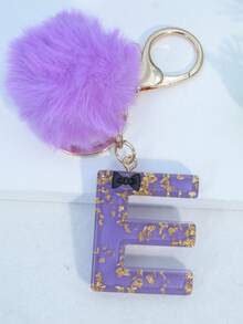 Minimalist Cute Initial Keychain A-Z Women's Bag Charm Black Bow Purple Pom Pom Key Chain Daily Wear Gift Accessory - Purple - View 19