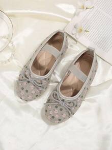 1 Pair Girls Grey Mary Jane Korean Style Ballet Polka Dot Bow Shallow Slip-On Soft Sole Driving Loafers - Grey - View 4